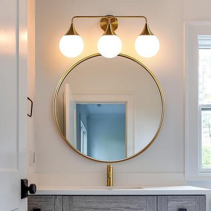 Bathroom Vanity Light Fixtures: 3-Light Mid Century Modern Bathroom Lighting Fixtures Over Mirror - Brass Gold Wall Sconce with Milky White Globe Glass for Bath Living Room