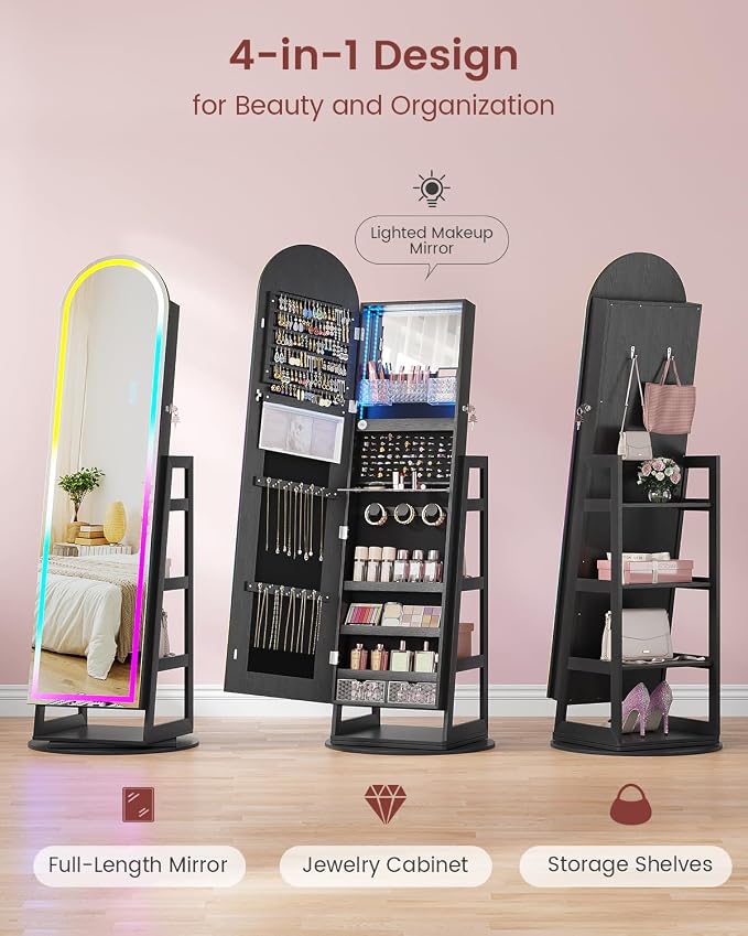 HWB Mirror Jewelry Cabinet Standing with RGB Lights & Storage Shelves | Mirror w/Storage, LED Full-length Mirror, Lockable Jewelry Armoire, 360° Swivel, Standing Jewelry Cabinet, Girls Women Gifts