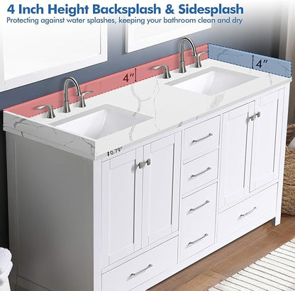 60 in.W x 22 in.D Quartz Calacatta River Vanity Top,with Undermount Double Sink Vanity Top,with Two Sidesplash & One Backsplash,8 Inch Faucet Hole Spread Bathroom Vanity Sink Countertop
