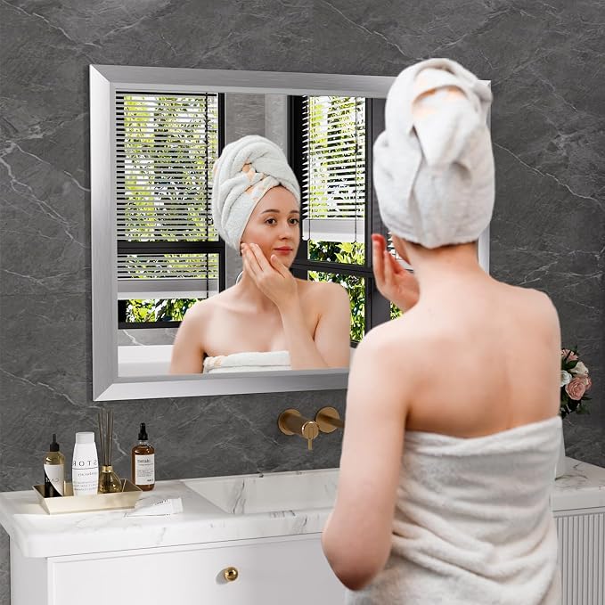 Bathroom Mirror for Wall, 40x30 Inch (Brushed Silver) | HD Reflection, Tempered Glass, Thick Metal Framed Rectangle Mirrors for Over Sink, Bedroom, Living Room, Entryway, Anti-Rust