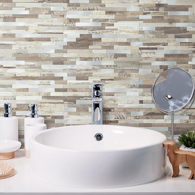 AULIGET Peel and Stick Backsplash, Beige Wood Look PVC Mixed Metal Stick on Bathroom Backsplash, 2