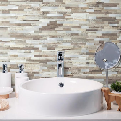 AULIGET Peel and Stick Backsplash, Beige Wood Look PVC Mixed Metal Stick on Bathroom Backsplash, 2