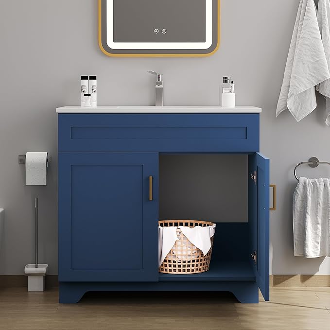 Bathroom 36" Vanity with Ceramic Sink, Wooden Double Door Bathroom Storage Cabinet, Freestanding Cabinet Vanity with Sink (Paint, Blue,36")