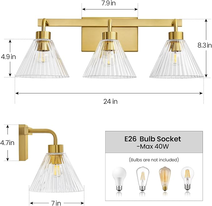 AIJIASI Modern Bathroom Vanity Light 3-Light Brushed Gold Bathroom Light Fixtures with Ribbed Glass Shade 24 Inch Up/Down Mount Vanity Lighting Fixtures Over Mirror for Bath Bedroom Makeup