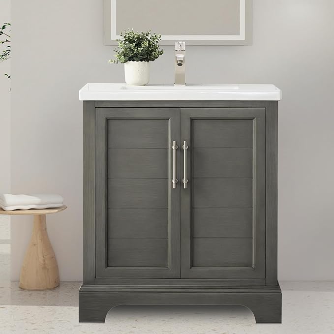HOMEBEYOND 30 Inch Bathroom Vanity with Single Sink & Ceramic Top, Vanity Cabinet with Center Countertop Basin, Soft-Closing Doors,Sliver Grey