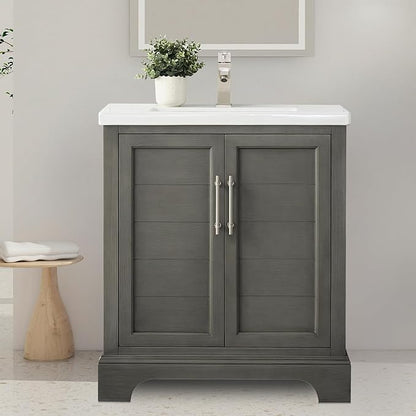 HOMEBEYOND 30 Inch Bathroom Vanity with Single Sink & Ceramic Top, Vanity Cabinet with Center Countertop Basin, Soft-Closing Doors,Sliver Grey