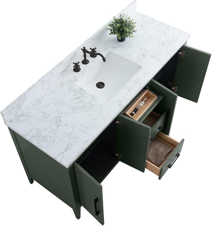 HomeBeyond 60 Inch Bathroom Vanity with Sink & Ceramic Top, Single Vanity Cabinet with Basin, Soft-Closing Doors & Matte Black Hardware, Vintage Green