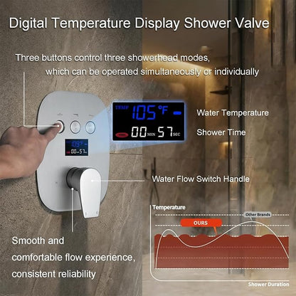 Shower System Brushed Nickel Shower Faucet Set with 2 Rain Shower Head(12+8 inch), Handheld Spray, with Temperature Display Function