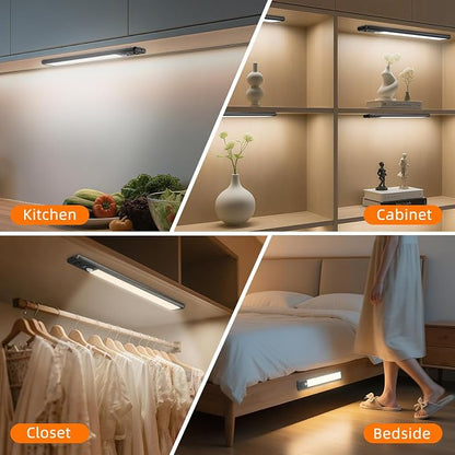 Under Cabinet Lighting Wireless, 10inch Motion Sensor Light, 3Pack-Black | Rechargeable, 3 Color Temps, Dimmable, Power Display, LED Closet Light Magnetic, Under Counter Lights for Kitchen Shelf Home