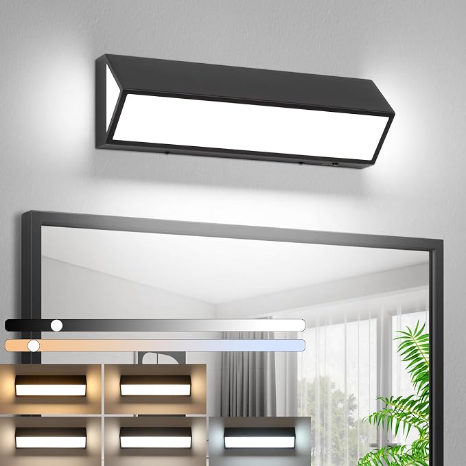 LED Modern Bathroom Vanity Light Fixtures (16-Inch, 5CCT, Dimmable), Modern Acrylic Bathroom Wall Lighting Fixtures Over Mirror, Matte Black