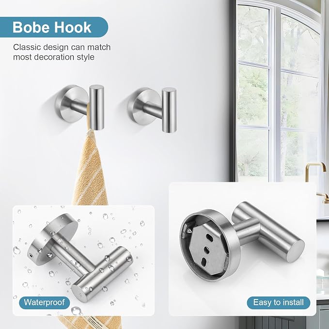 TQKAG Brushed Nickel Bathroom Hardware Set, 6-Piece Towel Bar Set 23.6 Inch | Towel Bar Set, Wall Mounted, Bathroom Accessories Set Include Paper Holders, Towel Rings, Towel Hooks, SUS304 Stainless Steel