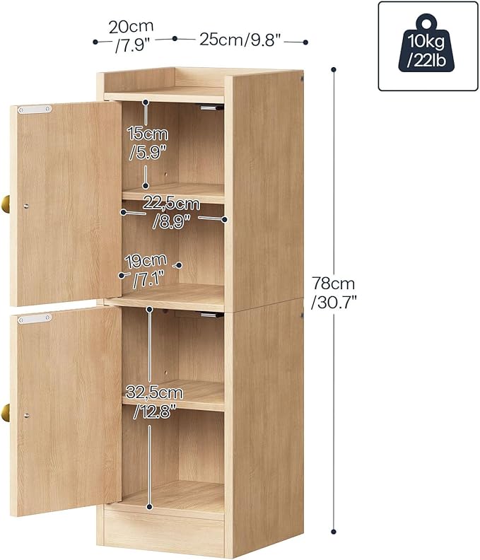 HOOBRO Small Bathroom Storage Cabinet, 9.8" W x 7.9" D x 30.7" H Small Cabinet for Bathroom with Doors, Farmhouse Floor Cabinet with 2 Adjustable Shelves, Narrow Toilet Paper Cabinet, Natural