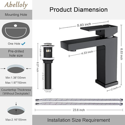 Solid Brass Black Bathroom Faucet, cUPC & CEC Certified 1 Hole Faucet for Bathroom Sink, Lead-Free Single Hole Bathroom Sink Faucet with Water Supply Hoses & Pop Up Drain Stopper