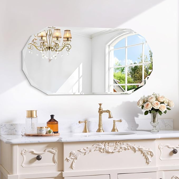 GLASHOM Beveled Edge Frameless Bathroom Mirror, Oval Wall Mirror for Over Sink, 18" x 36" Modern Decorative Vanity Mirror for Bedroom, Living Room, Entryway, Hanging Mirror Horizontal or Vertical