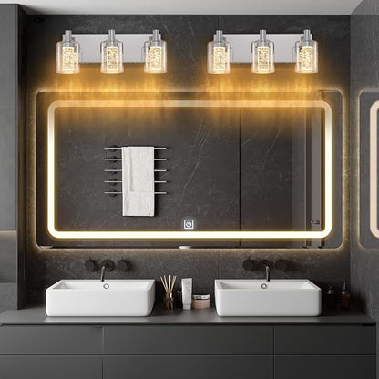 SineRise Vanity Light with 3 Color Modes (3000K/4000K/6000K), Eye Protection LED Bathroom Light Fixture, Dimmable Modern Wall Light Over Mirror with Clear Glass Shade (Chrome, 3-Light)