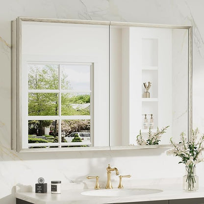 TokeShimi 40 x 26 Brushed Nickel Recessed Medicine Cabinet with Mirror, Assembly Required, Bathroom Medicine Cabinet with Mirror, Stepless Adjustable Shelves, Beveled Aluminum Frame, DTC Hinge