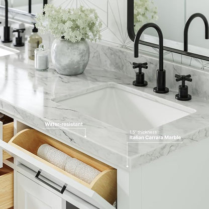 ARIEL Hepburn 66-inch Bathroom Vanity with Sink,Solid Wood, 1.5-inch Italian Carrara Marble Countertop, Double Rectangular Porcelain Sink, 4 Soft Closing Doors, 6 Dovetail Drawers, White