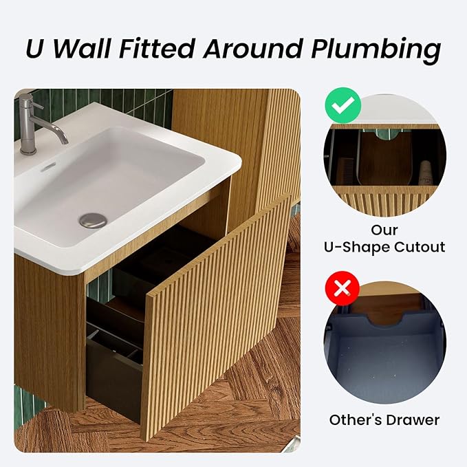 24" Bathroom Vanity with Sink, Modern Floating Vanity with Push Open Soft Close Drawer, Large Storage for Small Space, Hotel, Natural Oak, Fully Assembled - Camellia Collection