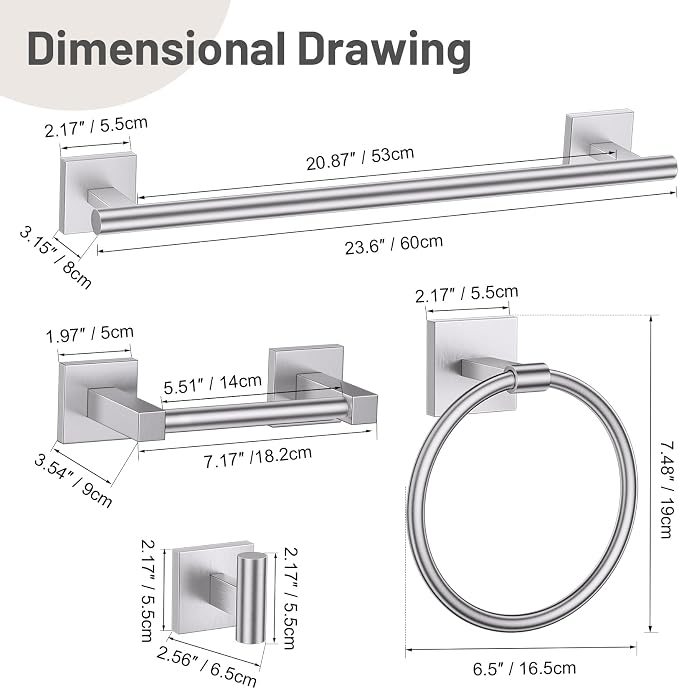 Lairuier Brushed Nickel Bathroom Accessories, Towel Bar Set Wall Mounted | 5 Pieces Bathroom Hardware Set, SUS304 Stainless Steel Double Base 23.6" Towel Bar, Towel Ring, Toilet Paper Holder & Hooks