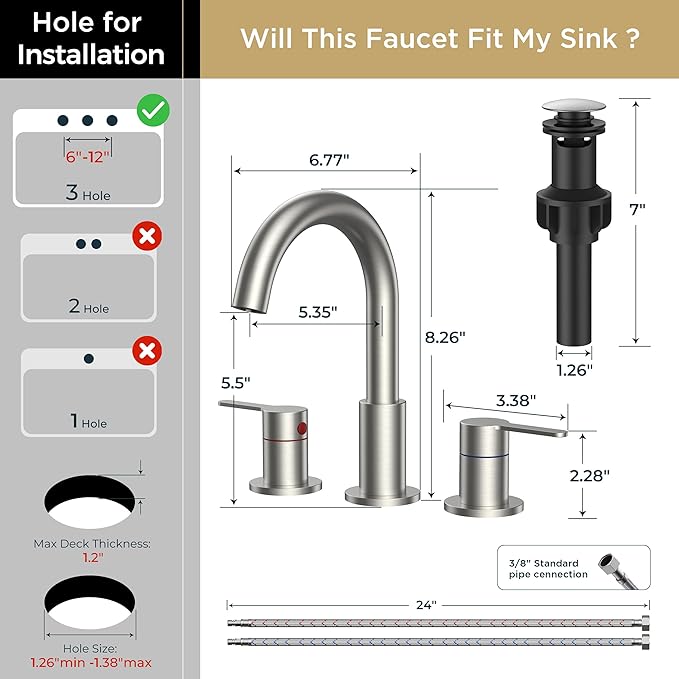 QFN Bathroom Faucets 3 Hole Brushed Nickel, 8 Inch Widespread Vanity Sink Faucet with Aerator, 2 Handle 360° Swivel High Arc Spout, Spot-Free Finish, cUPC NSF Certified and CEC & DOE Compliant
