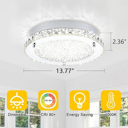 Crystal Ceiling Light Fixture 13 Inch Flush Mount Ceiling Light LED 4000K Dimmable Modern Ceiling Lamp for Bedroom Bathroom Kitchen Island