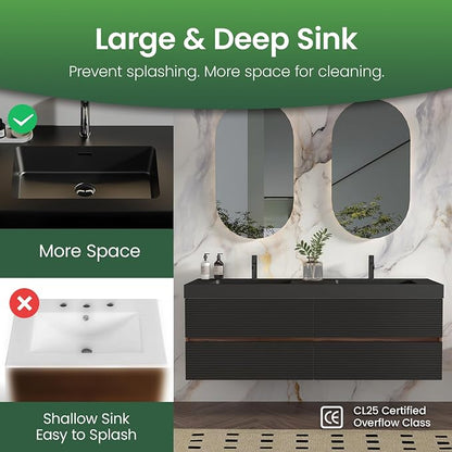 60" Pre-Assembled Floating Vanity with Double Sink, Walnut+Black | Modern Floating Double Sink Bathroom Vanity with Integrated Black Engineered Stone Top & Soft-Closing Drawers