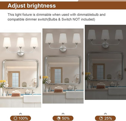 Bathroom Vanity Light, Brushed Nickel Bathroom Light Fixtures, 3-Light Lighting Fixtures Over Mirror, Modern Wall Sconce with Flared White Fabric Shade, E26 Socket(ETL Listed)