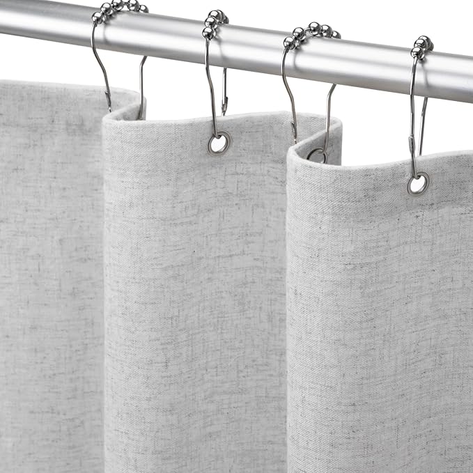 Linen Shower Curtain Grey, Fabric Boho Farmhouse Shower Curtains for Bathroom Cotton Natural Cloth Liner Set 72" W x 72" L