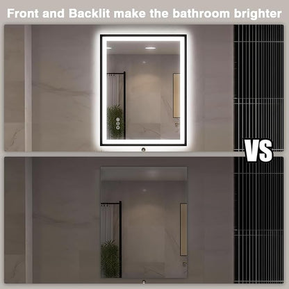 EchosLife 30x36 LED Bathroom Mirror with Lights - Black Framed | Black Frame, Front and Backlit, Anti-Fog, Stepless Dimmable, 3 Colors, Memory, Tempered Glass, UL Listed, Horizontal/Vertical