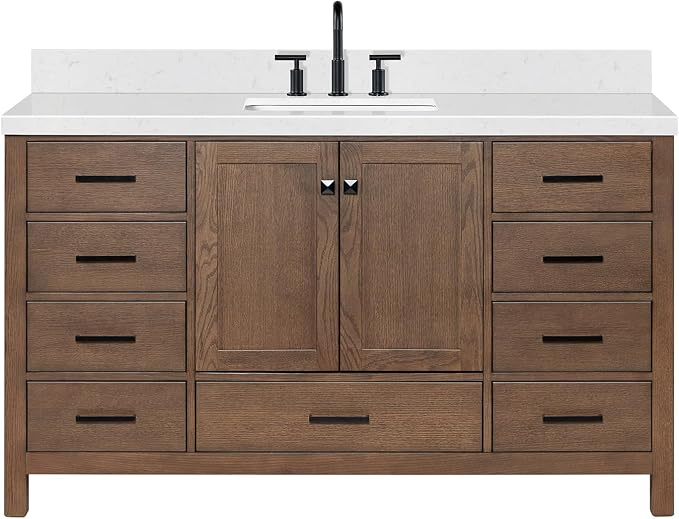 ARIEL Cambridge 60-inch Bathroom Vanity with Sink,Solid Wood, 1.5-inch Carrara White Quartz Countertop, Single Rectangular Porcelain Sink, 2 Soft Closing Doors, 9 Dovetail Drawers, Brown Oak