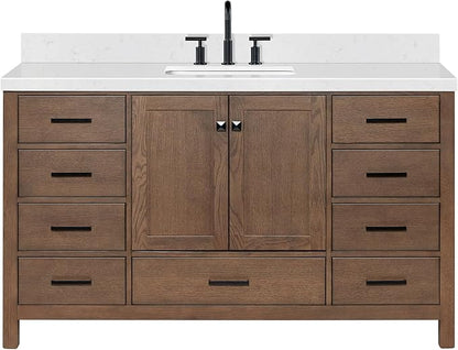 ARIEL Cambridge 60-inch Bathroom Vanity with Sink,Solid Wood, 1.5-inch Carrara White Quartz Countertop, Single Rectangular Porcelain Sink, 2 Soft Closing Doors, 9 Dovetail Drawers, Brown Oak