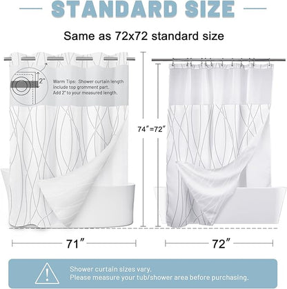 No Hook Grey Shadow Striped Shower Curtain with Snap in Liner Set - Hotel Shower Curtain and Liner Set with See Through Mesh Top Window,Machine Washable, 71x74 INCH