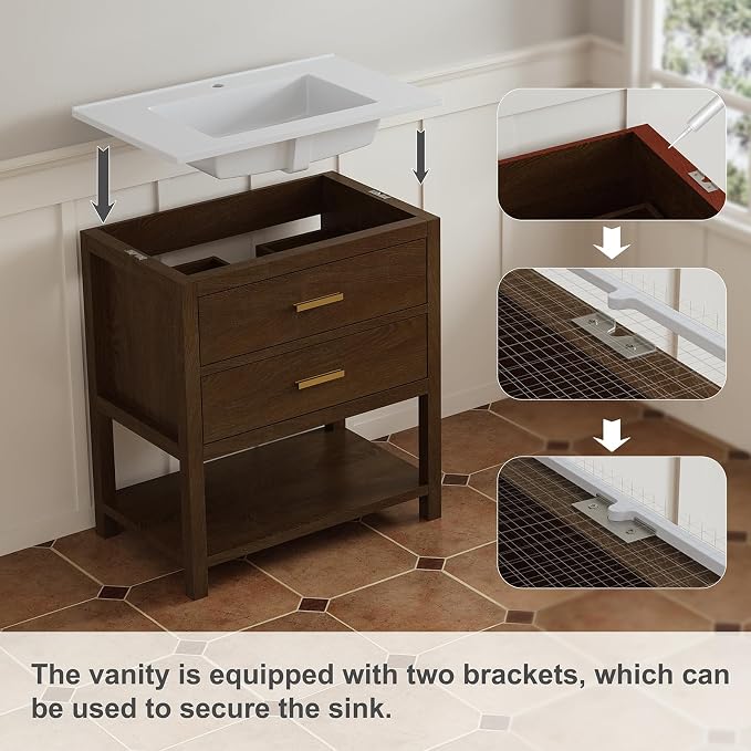 30 Inch Bathroom Vanity with Sink, Farmhouse Storage Cabinet with Drawers & Open Storage Shelf, Easy Assembly, Adjustable Feet, Walnut