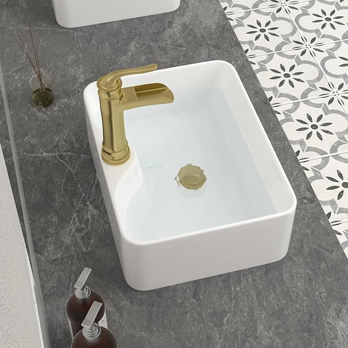 Mocoloo 16 Inch Rectangle Vessel Bathroom Sink with Faucet Hole 16"x12" White Ceramic Bathroom Sinks Above Counter Porcelain Hand Basin for Lavatory Room Rectangular Vanity Top Sink