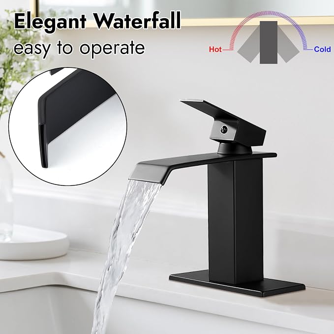 Midanya Waterfall Bathroom Sink Faucet 1 Hole,Matte Black | with cUPC Hoses,Pop Up Drain,Deck Plate,for 1 or 3 hole sink,Vanity,RV,Lavatory,Basin,Farmhouse,Stainless Steel,Single Handle
