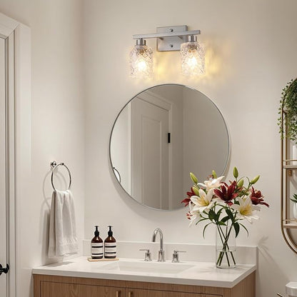 Mecgirn Stainless Steel Bathroom Vanity Light Over Mirror, 2 Light Brushed Nickel Bathroom Light Fixtures with Textured Glass Shades, Ceramic E26 Sockets Wall Mounted