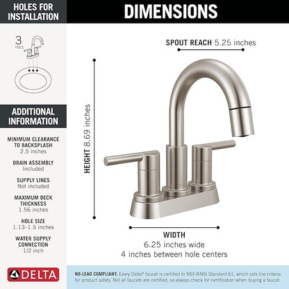 Delta Nicoli Centerset Brushed Nickel Bathroom Faucet with Sprayer, 4 Inch 3 Hole Bathroom Sink Faucet with Pull Out Sprayer, Push-Pop Drain, Stainless 25749LF-SSPD