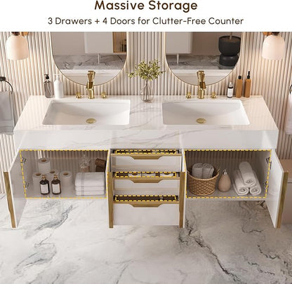 Bathroom Vanity with Sink, Modern Bathroom Vanity with Faux Marble Top, Gold Hardware & Soft-Close Drawers for Bathroom Storage (59.1 Inch, White, Double Sink & Freestanding)