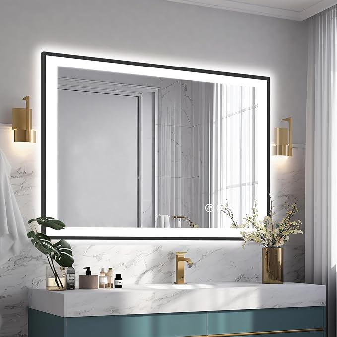 EchosLife 40x30 LED Lights Bathroom Mirror - Black Aluminum Rimmed | Black Frame, Front and Backlit, Anti-Fog, Stepless Dimmable, 3 Colors, Memory, Tempered Glass, UL Listed, Horizontal/Vertical