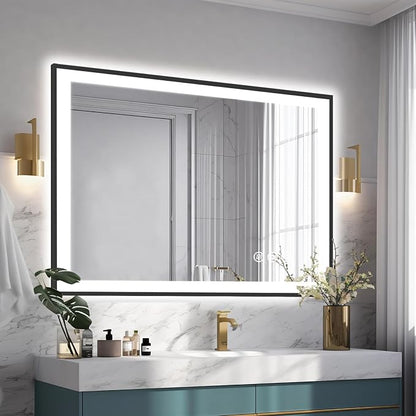 EchosLife 40x30 LED Lights Bathroom Mirror - Black Aluminum Rimmed | Black Frame, Front and Backlit, Anti-Fog, Stepless Dimmable, 3 Colors, Memory, Tempered Glass, UL Listed, Horizontal/Vertical