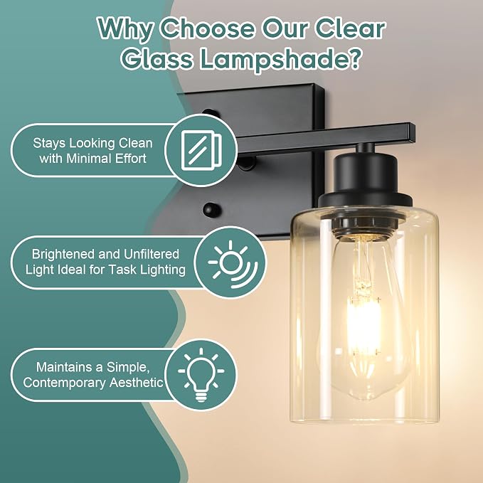Ascher Bathroom Light Fixtures, 2-Light Vanity Light Over Mirror, Matte Black Wall Sconces with Clear Glass Shades, Wall Lamp for Living Room Bedroom, E26 Base(Bulbs Not Included)