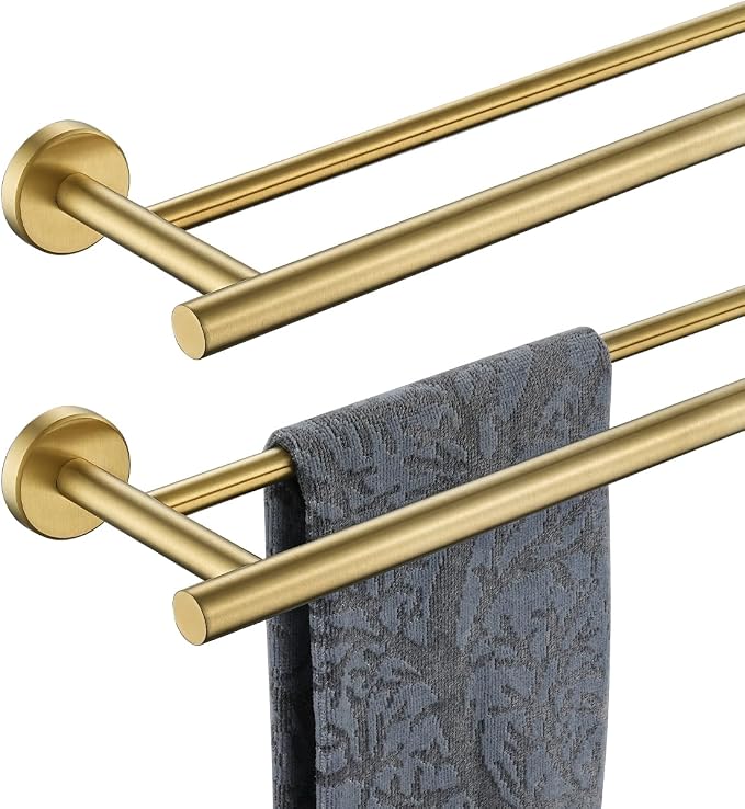 JQK Double Bath Towel Bar, Brushed Gold 33 Inch 304 Stainless Steel Thicken 0.8mm Towel Rack for Bathroom, Towel Holder Wall Mount, Useable Length 30 Inch 2 Pack, TB100L30-BG-P2