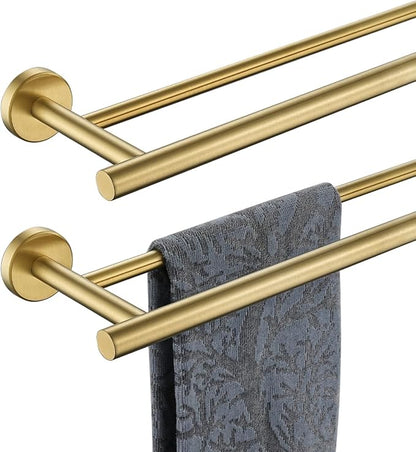 JQK Double Bath Towel Bar, Brushed Gold 33 Inch 304 Stainless Steel Thicken 0.8mm Towel Rack for Bathroom, Towel Holder Wall Mount, Useable Length 30 Inch 2 Pack, TB100L30-BG-P2