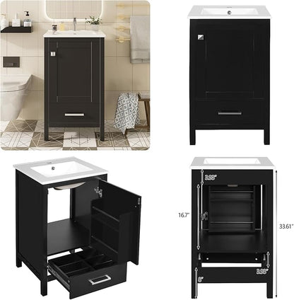 20" Freestanding Bathroom Vanity with Sink, Floor Stand Bathroom Storage Cabinet with Ceramic Sink, Door with Double-Layered Storage Shelves, Modern Compact Vanity with Divided Drawer, Black