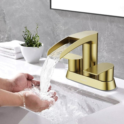 Bathroom Sink Faucet for 3 Hole, Hurran 4 Inch Faucets with Pop-up Drain, Stainless Steel 2-Handle Waterfall Faucet for Bathroom Sink, Brushed Gold