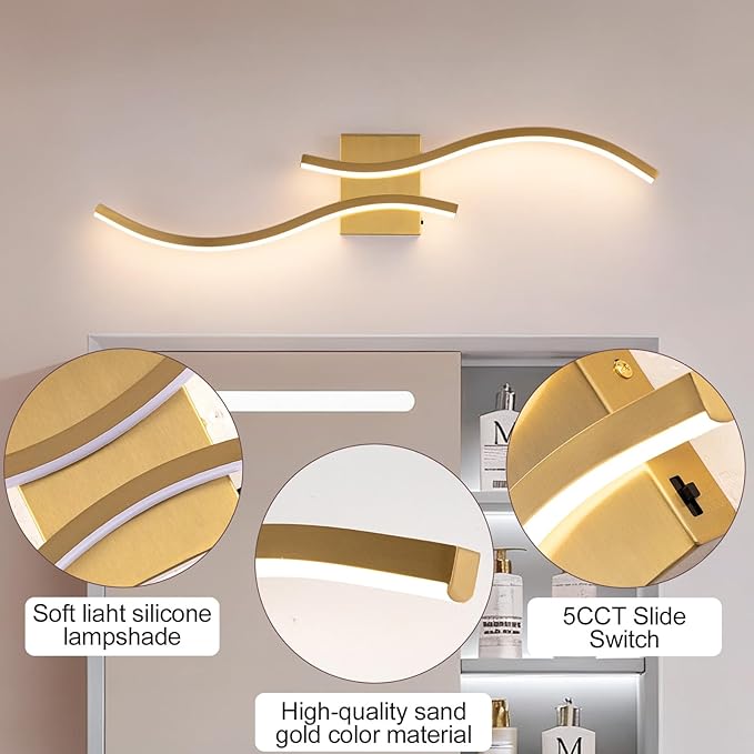 Bathroom Vanity Light Fixture, 26W 5CCT Dimmable Modern Led Bathroom Light Fixtures Over Mirror, LED Vanity Lighting Bar for Bathrooms (Gold, 31.5inch)