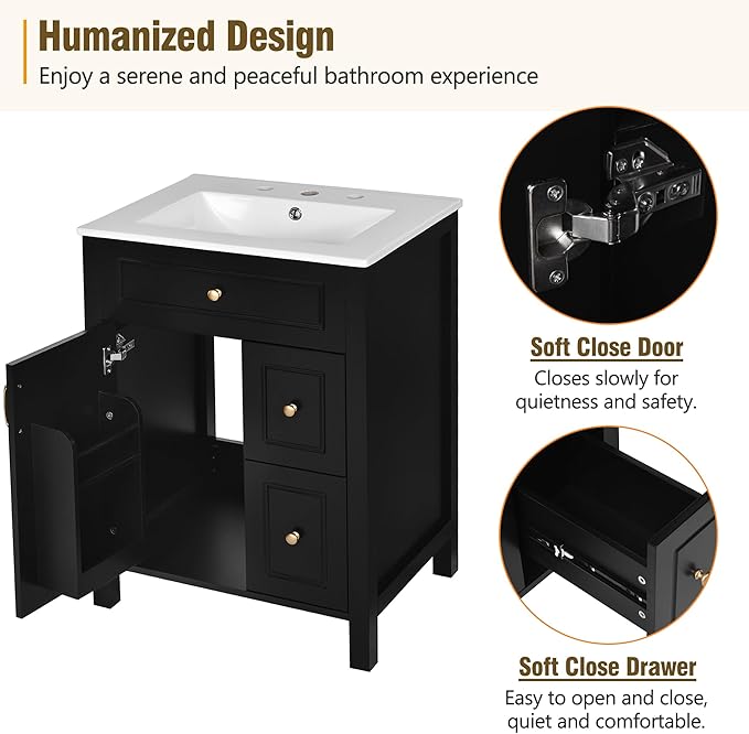 Favfurish 24" Bathroom Vanity with Ceramic Sink,Free Standing Single Basin Vanity w/Soft Close Door and Soft Closing Drawers,Wooden Bath Cabinet with Double Storage Racks on The Door,Black