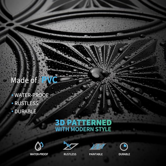 Art3d Decorative PVC Black Drop Ceiling Tile 2ft x 2ft, Glue up 3D Wall Panel 24 x 24in.12pcs | Waterproof, Break-Proof, Wipeable Surface, Scratch Resistant, Compatible with Grid System, Ideal for Commercial Spaces