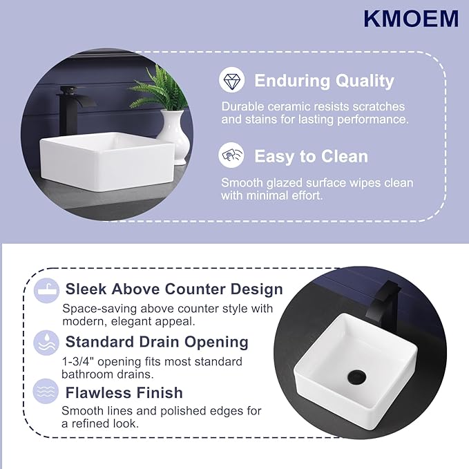 Vessel Sink 13"x13" Rectangular Bathroom Sink Modern White Porcelain Ceramic Above Counter Drop-in Vanity Sink for Bathrooms Art Basin