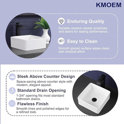 Vessel Sink 13"x13" Rectangular Bathroom Sink Modern White Porcelain Ceramic Above Counter Drop-in Vanity Sink for Bathrooms Art Basin